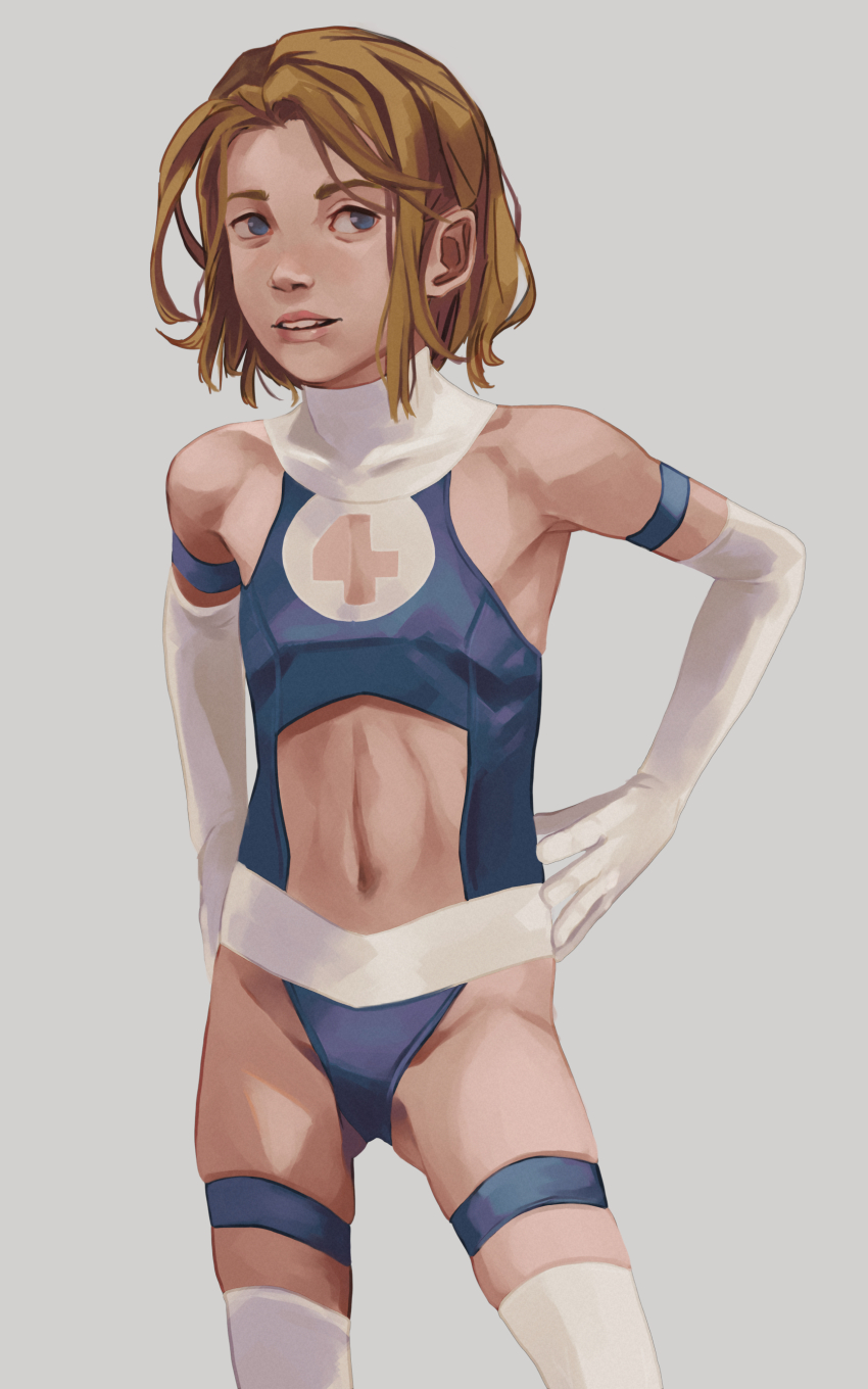 1girl aged_down armpits blonde_hair blue_eyes clothing_cutout cuess female_focus gloves hands_on_own_hips loli marvel midriff parted_lips short_hair simple_background skindentation solo stomach_cutout sue_storm tagme thighhighs white_background