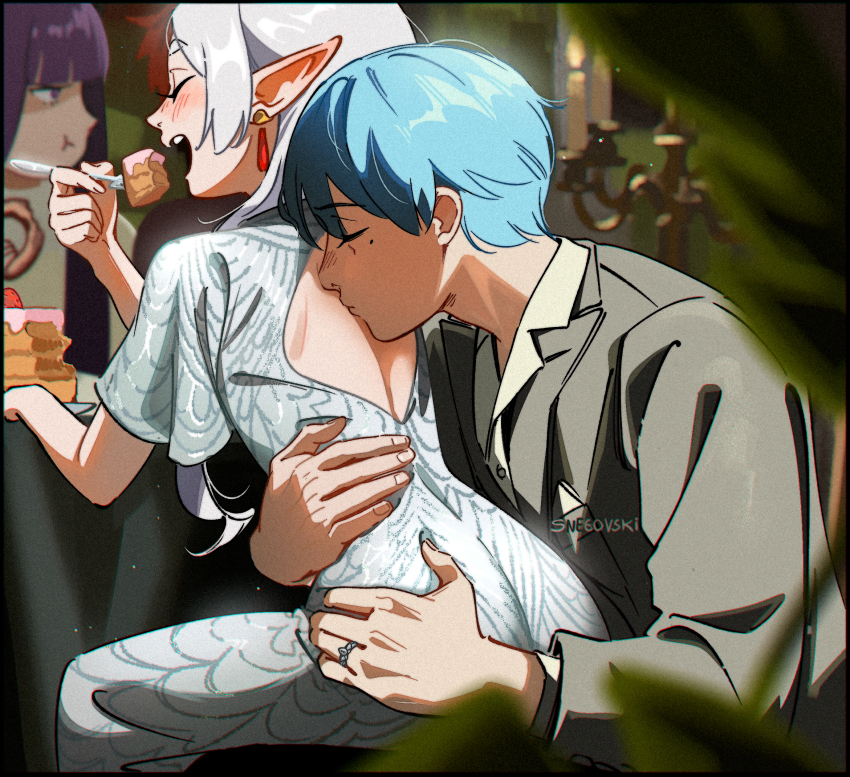 2boys 2girls artist_name ass back_cutout blazer blue_hair blurry blurry_background blurry_foreground cake candle closed_eyes clothing_cutout commentary contemporary dress earrings eating elf english_commentary fern_(sousou_no_frieren) food fork frieren grey_hair grey_jacket hand_on_another's_ass hetero highres himmel_(sousou_no_frieren) holding holding_fork indoors jacket jewelry kiss long_hair mole mole_under_eye multiple_boys multiple_girls open_mouth pointy_ears pout purple_hair red_hair ring short_hair short_sleeves shoulder_blades sitting sitting_on_lap sitting_on_person snegovski sousou_no_frieren stark_(sousou_no_frieren) thick_eyebrows wedding_ring