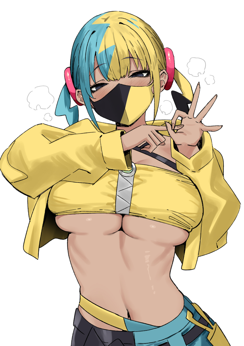 1girl black_eyes black_mask blonde_hair blue_hair breasts canari_(pokemon) commentary_request highres jacket large_breasts long_sleeves looking_at_viewer mask mouth_mask multicolored_hair nintendo penetration_gesture pokemon pokemon_legends:_z-a simple_background sky-freedom solo twintails two-tone_hair two-tone_mask underboob white_background yellow_jacket yellow_mask