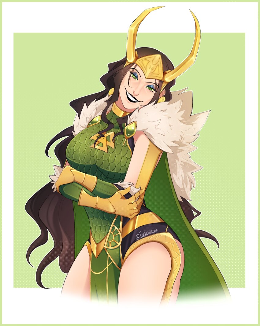 1girl absurdres artist_name black_hair breasts commentary crossed_arms dress english_commentary genderswap genderswap_(mtf) green_dress green_eyes grin highres lady_loki large_breasts loki_(marvel) long_hair looking_at_viewer marvel marvel_rivals pelvic_curtain ratatooties smile solo thor_(marvel)_(series) twitter_username