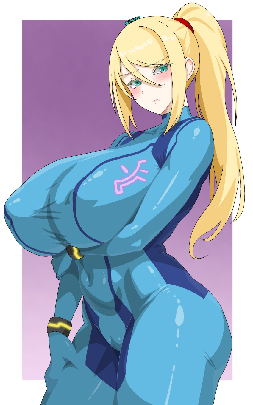 1girl absurdres alternate_breast_size_(larger) aqua_eyes arm_under_breasts blonde_hair blue_bodysuit blush bodysuit breasts closed_mouth covered_erect_nipples cowboy_shot curvy hand_on_own_arm highres huge_breasts long_hair looking_at_viewer metroid nintendo ponytail samus_aran solo txlyre zero_suit