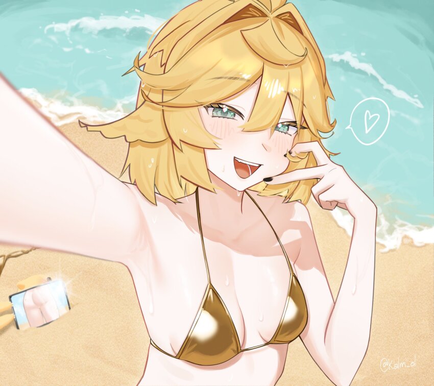 1girl beach bikini blonde_hair bottomless breasts commentary dokibird english_commentary exhibitionism feather_hair gold_bikini heart highres indie_virtual_youtuber kalm_ol no_panties open_mouth outdoors public_indecency selfie short_hair small_breasts smile swimsuit virtual_youtuber water
