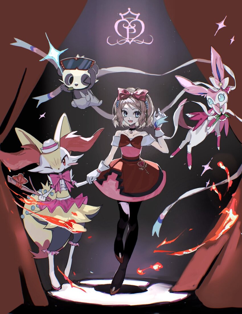>_o 1girl 2girls animal_ear_fluff animal_ears bell black_choker black_eyes black_fur black_thighhighs blonde_hair blue_eyes blush_stickers body_fur bow bowtie braixen bright_pupils choker clothed_pokemon commentary curtains dress eyewear_on_head fire fox_ears fox_girl fox_tail full_body furry furry_female gen_6_pokemon gloves grey_background highres holding holding_stick looking_at_another looking_at_viewer multicolored_fur multiple_girls neck_bell neck_fur nintendo official_alternate_costume one_eye_closed open_mouth pancham pink_bow pink_bowtie pink_dress pink_fur pokemon pokemon_(anime) pokemon_(creature) pokemon_xy_(anime) red_bow red_eyes red_shoes ribbon ru_oo0o serena_(pokemon) shoes short_hair simple_background single_blush_sticker snout socks standing stick sylveon symbol-only_commentary tail thighhighs white_fur white_gloves white_pupils white_socks yellow_fur