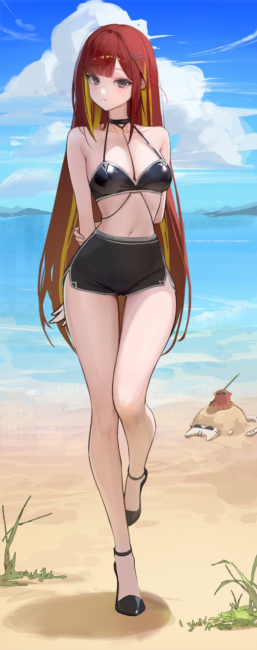 1girl absurdres akane_lize arm_at_side arm_behind_back beach bikini bikini_top_only black_bikini black_shoes black_shorts blue_sky breasts closed_mouth cloud commentary_request day expressionless full_body grey_eyes hair_ornament hairclip hand_on_own_arm high_heels highres korean_commentary leg_up lizchief looking_at_viewer micro_shorts navel ocean outdoors parallel_hairclips parted_bangs pienna_(akane_lize) pumps red_hair shoes shorts sky solo standing standing_on_one_leg stellive stomach swimsuit thigh_strap virtual_youtuber