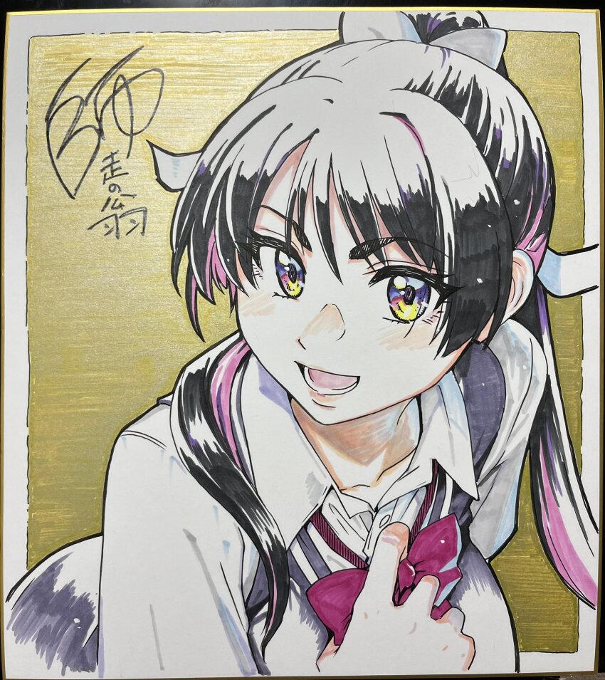 black_hair colorized commentary_request highres kiritani_konome long_hair looking_at_viewer multicolored_eyes open_mouth peace_hame peace_hame ponytail ribbon sailor_moon_redraw_challenge_(meme) shikishi shiwasu_no_okina signed smile tagme traditional_media