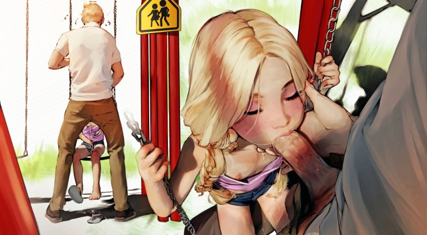 1boy 1girl age_difference barefoot bikini_tan blonde_hair blush braid brown_pants camisole casual_sex closed_eyes commission cum cum_in_mouth cumdrip denim denim_shorts diathorn downblouse father_and_daughter fellatio female_masturbation fingering flat_chest flip-flops from_above from_behind hand_on_another&#039;s_face hand_under_clothes hand_under_shorts hetero highres incest legs linnea_(baraag) loli long_hair low_twintails masturbation nipples open_clothes open_shorts oral original outdoors pants penis pink_camisole playground pov public_indecency public_use realistic sandals shirt short_hair short_shorts short_sleeves shorts sign single_sandal sitting swing swing_set tan tanline thighs toes twin_braids twintails uncensored unworn_footwear white_shirt