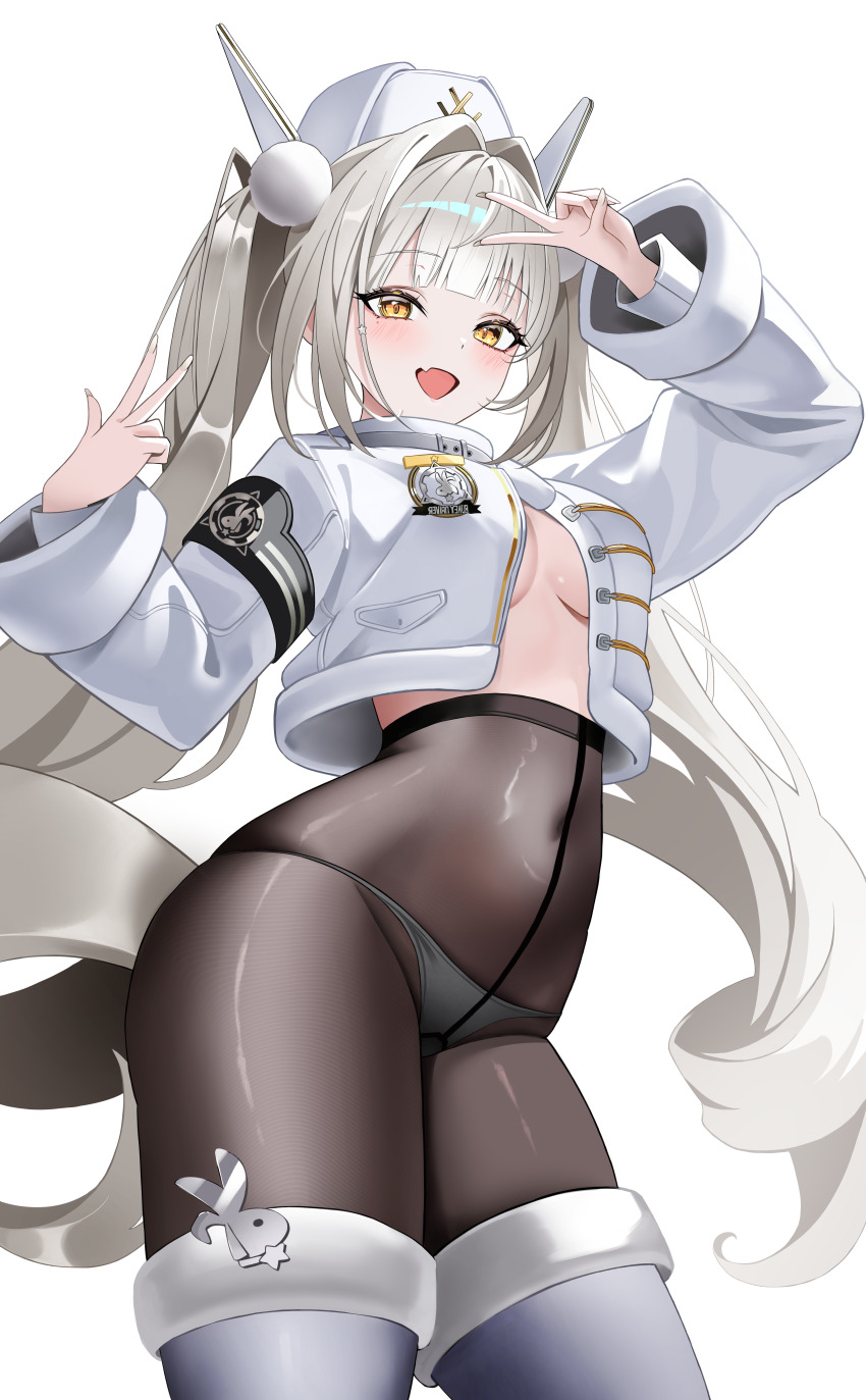 1girl absurdres black_pantyhose blanc_(fortune_express)_(nikke) blanc_(nikke) blunt_bangs boots breasts commentary_request double_v fang goddess_of_victory:_nikke hand_up highres long_hair long_sleeves looking_at_viewer no_pants official_alternate_costume pantyhose simple_background smile solo thaba thigh_boots v very_long_hair white_background white_boots yellow_eyes