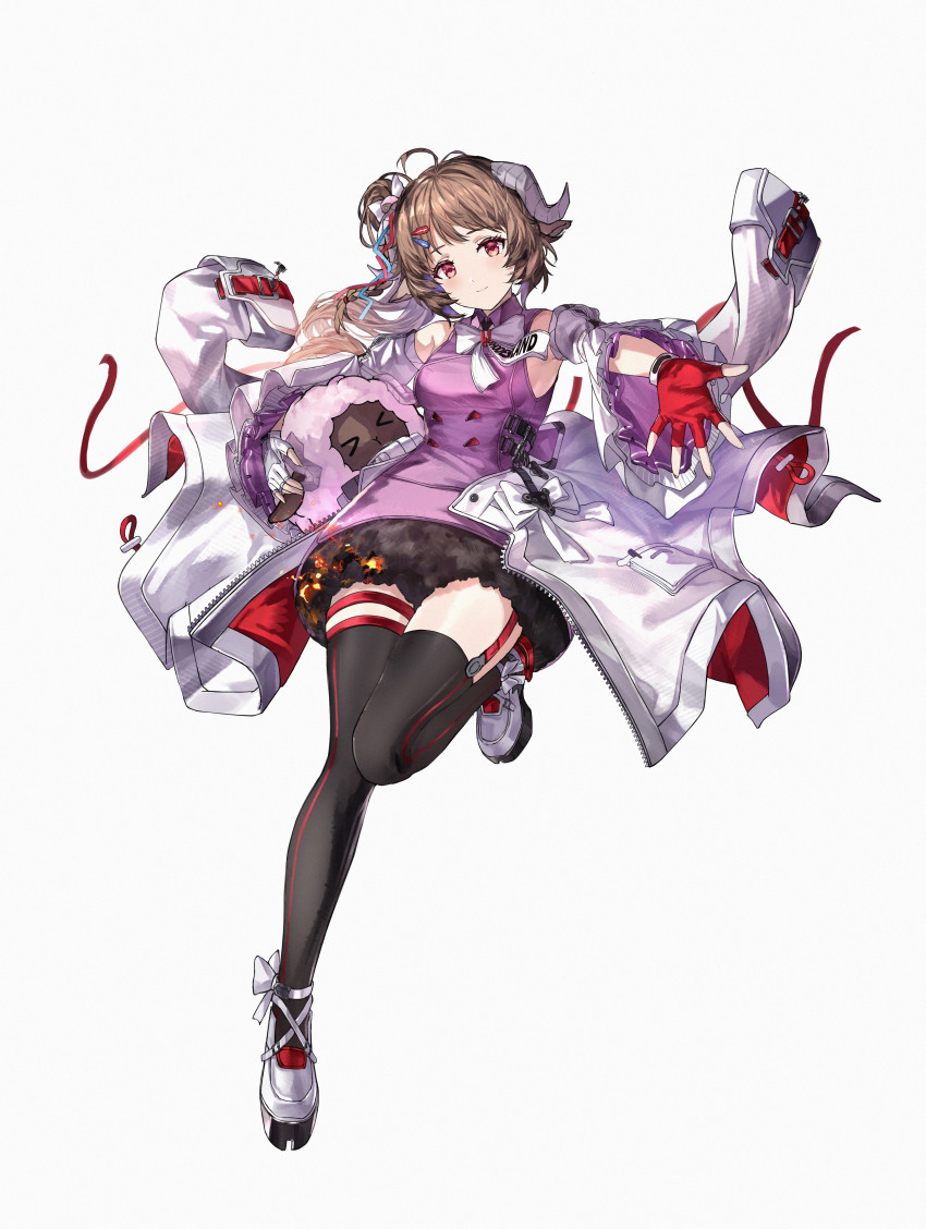1girl absurdres animal_ears ardelia_(arknights) arknights arknights:_endfield asymmetrical_gloves black_thighhighs bow bowtie brown_hair chinese_commentary closed_mouth collared_shirt commentary_request creature curled_horns detached_sleeves dolly_(arknights) eyjafjalla_(arknights) fingerless_gloves full_body geez gloves grey_horns hair_ornament hairclip highres holding holding_creature horns knees_together_feet_apart leg_up light_smile long_hair long_sleeves looking_at_viewer mismatched_gloves outstretched_arm outstretched_hand pink_eyes purple_shirt red_gloves sheep_ears sheep_girl sheep_horns shirt simple_background sleeveless sleeveless_shirt solo thigh_strap thighhighs white_background white_bow white_bowtie white_gloves white_sleeves zipper