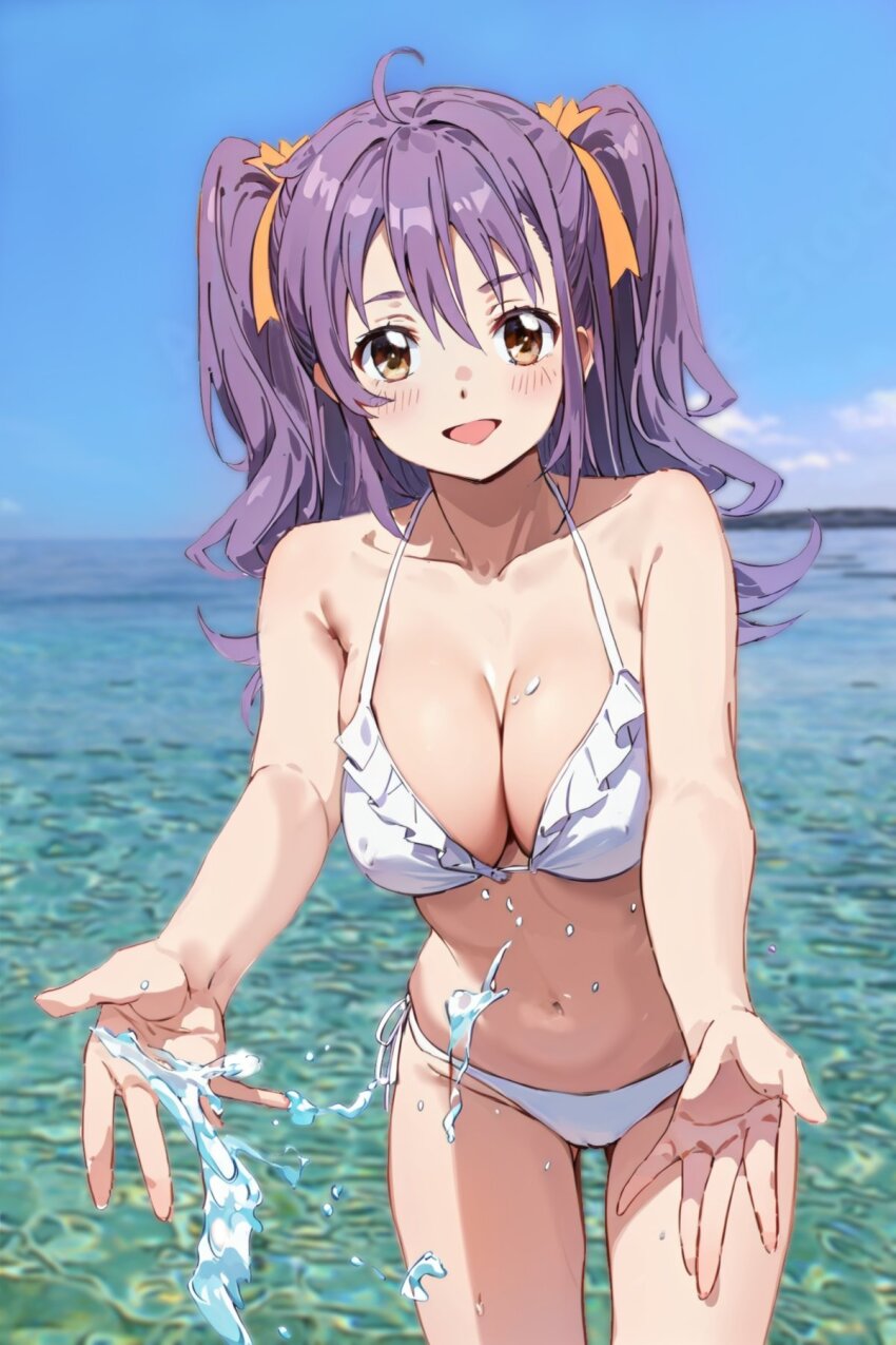 1girl ahoge bikini blue_sky breasts cleavage cloud commentary_request day frilled_bikini frills hair_ribbon high_school_fleet highres leaning_forward looking_at_viewer medium_breasts open_mouth outdoors purple_hair ribbon sky smile solo splashing suruga_runa swimsuit tamura_ten two_side_up white_background yellow_eyes