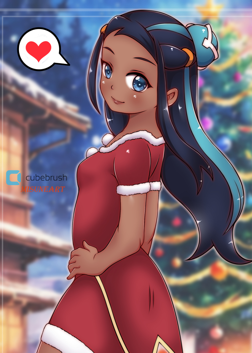 1girl black_hair blue_eyes blue_hair blush breasts christmas christmas_ornaments christmas_tree dark_skin from_behind fur-trimmed_jacket fur-trimmed_shorts fur_trim hair_bun hair_ornament hairclip hands_on_own_hips heart house jacket long_hair looking_at_viewer looking_back misune_art multicolored_hair nessa_(pokemon) night night_sky nintendo pokemon pokemon_swsh pom_pom_(clothes) red_jacket red_shorts santa_costume short_sleeves shorts sky small_breasts smile snow speech_bubble spoken_heart standing star_(symbol) streaked_hair tinsel tree winter