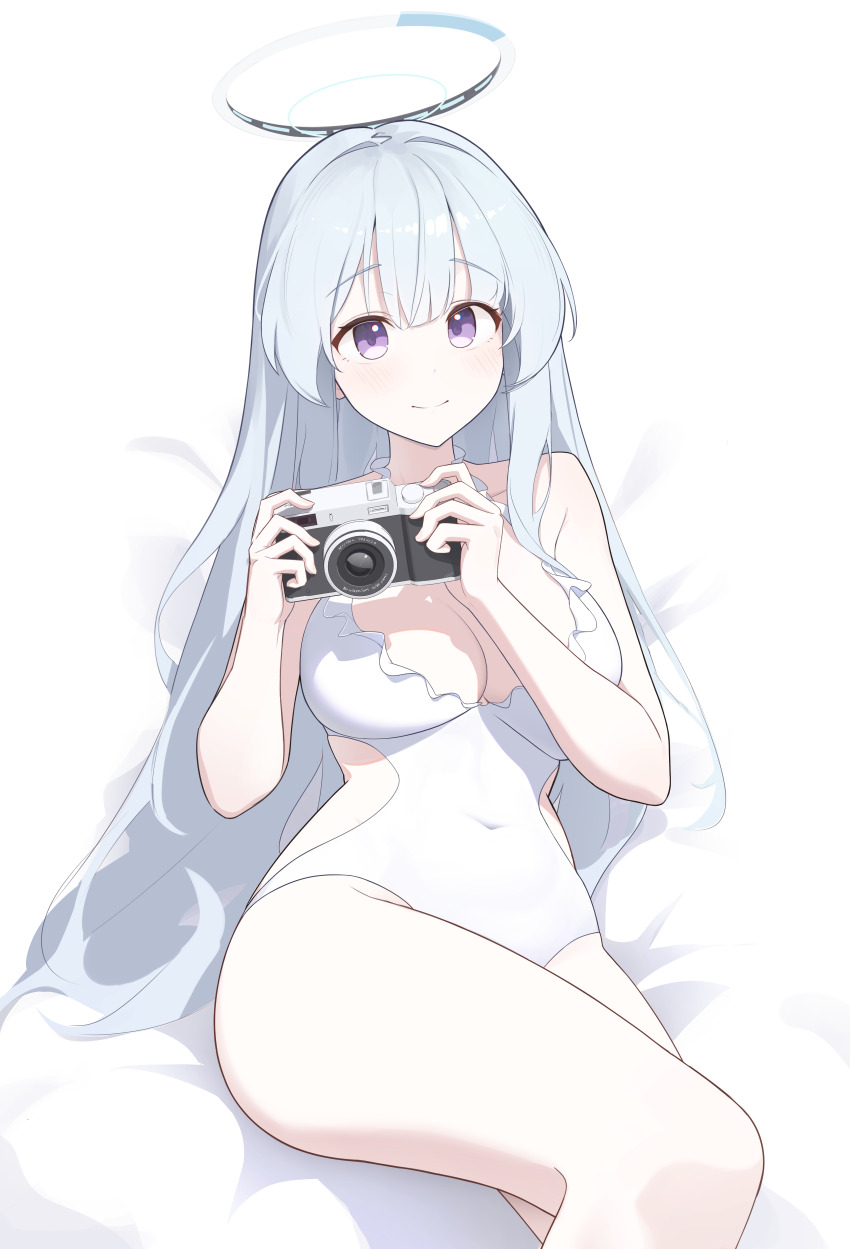 1girl absurdres blue_archive blunt_bangs breasts camera cleavage collarbone commentary covered_navel frilled_one-piece_swimsuit frills grey_hair groin hair_between_eyes halo highres holding holding_camera large_breasts looking_at_viewer mechanical_halo noa_(blue_archive) on_bed one-piece_swimsuit purple_eyes ryua_(user_kedz2257) sitting smile solo swimsuit thighs white_halo white_one-piece_swimsuit