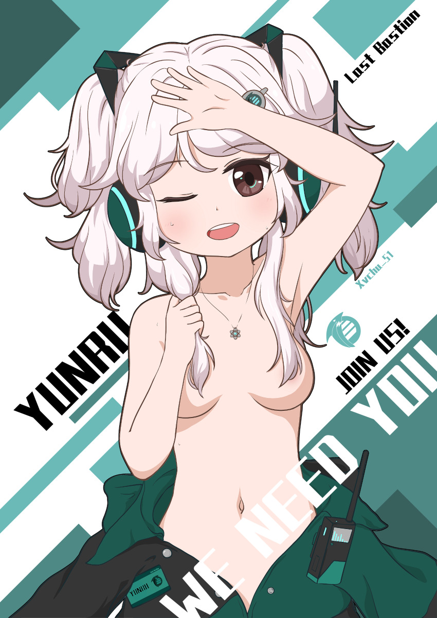 1girl 51qu_de_yeying absurdres armpits artist_name atom blush breasts brown_eyes character_name command_&amp;_conquer command_&amp;_conquer:_red_alert command_&amp;_conquer:_red_alert_2 convenient_censoring english_text foehn_revolt hair_censor hair_ornament hairpin headphones highres holding holding_own_hair jewelry last_bastion long_hair mental_omega_(mod) multi-tied_hair name_tag navel necklace one_eye_closed pink_hair sidelocks small_breasts smile solo sweatdrop teeth topless_female unworn_clothes walkie-talkie yunru_(mental_omega)