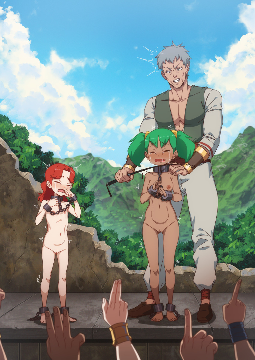 1boy 2girls ankle_cuffs barefoot bdsm bondage bound breasts collar completely_nude cuffs delia_(honzuki_no_gekokujou) feet female_focus full_body grey_hair honzuki_no_gekokujou huge_filesize loli multiple_girls nipples nude outdoors pussy red_hair sky slave slave_market small_breasts standing the_dark_mangaka toes tree twintails uncensored wrist_cuffs