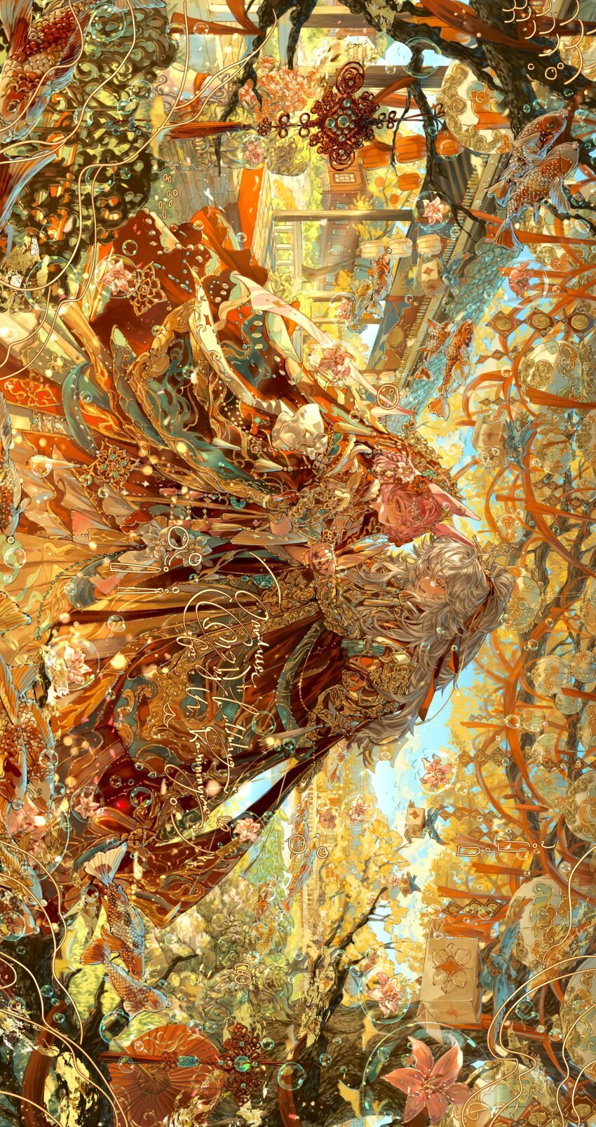 1boy 1girl absurdly_detailed_composition absurdres amaryllis_(flower) animal_ear_piercing animal_ears aqua_ribbon architecture arm_guards autumn_leaves bead_bracelet beads bird blue_bird blush bracelet braid breasts bubble carp chinese_clothes chinese_wedding cleavage closed_mouth cloud commentary_request commission couple day dress east_asian_architecture endless_knot feet_out_of_frame fish flower flower_ornament flying_fish fox_ears fox_girl gold_trim grey_hair hair_flower hair_ornament hair_over_one_eye hair_ribbon half_updo hand_fan hanfu head_chain headdress hetero high_ponytail highres holding holding_fan holding_hands holdnhug honggaitou honkai:_star_rail honkai_(series) husband_and_wife jade_(gemstone) jewelry jing_yuan lantern leaf lily_(flower) lipstick long_hair long_sleeves makeup male_focus mole mole_under_eye nail_polish neck_tassel oc_x_canon oil-paper_umbrella original outdoors paper_lantern parted_lips pillar pink_flower pink_hair ponytail red_dress red_flower red_hanfu red_lips red_nails red_ribbon red_robe red_umbrella red_veil ribbon robe short_hair shoulder_guard side_braid sideways smile standing tassel thai_commentary tree tuanshan umbrella vase veil wedding white_ribbon wide_sleeves yellow_eyes yin_yang yin_yang_print