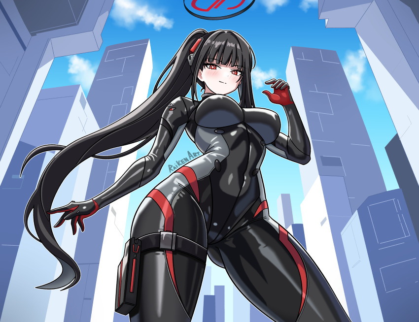 1girl absurdres artist_name black_bodysuit black_hair black_halo blue_archive blue_sky blunt_bangs blush bodysuit breasts bright_pupils closed_mouth cloud commentary contrapposto covered_navel cowboy_shot day from_below gluteal_fold hair_ornament halo hand_up highres holster impossible_bodysuit impossible_clothes large_breasts latex latex_bodysuit long_hair looking_at_viewer multicolored_halo official_alternate_costume official_alternate_hairstyle outdoors ponytail raiken_art red_eyes ringed_eyes rio_(armed)_(blue_archive) rio_(blue_archive) sidelocks skin_tight skindentation sky smile solo standing thigh_holster two-tone_halo very_long_hair white_pupils