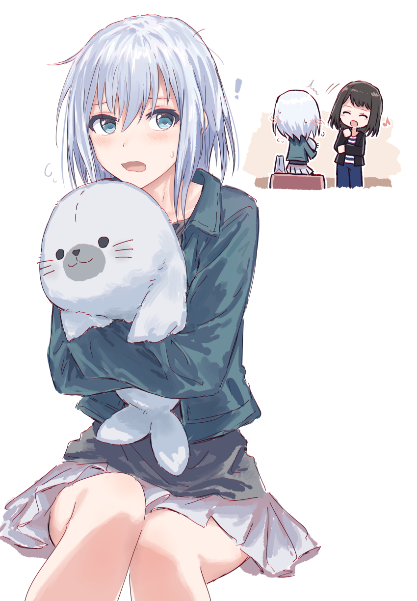 ! 2girls :d ^_^ absurdres aqua_jacket bang_dream! bang_dream!_girls_band_party! black_hair black_jacket black_shirt blue_eyes blue_pants blue_shirt closed_eyes collared_jacket commentary eighth_note embarrassed flying_sweatdrops highres hugging_doll hugging_object invisible_chair jacket kurata_mashiro long_sleeves medium_hair miniskirt multiple_girls multiple_views musical_note open_clothes open_jacket open_mouth pants pleated_skirt shirt sitting skirt smile striped_clothes striped_shirt stuffed_seal tsukishima_marina white_hair white_skirt yukitake_(bullfalk)