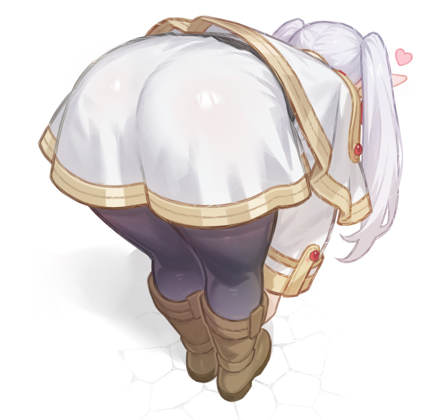 1girl absurdres ass ass_focus bent_over black_pantyhose boots brown_boots capelet commentary elf english_commentary frieren from_behind full_body gold_trim grey_hair heart highres long_pointy_ears long_sleeves merrytail pantyhose pointy_ears simple_background solo sousou_no_frieren twintails variant_set white_background white_capelet