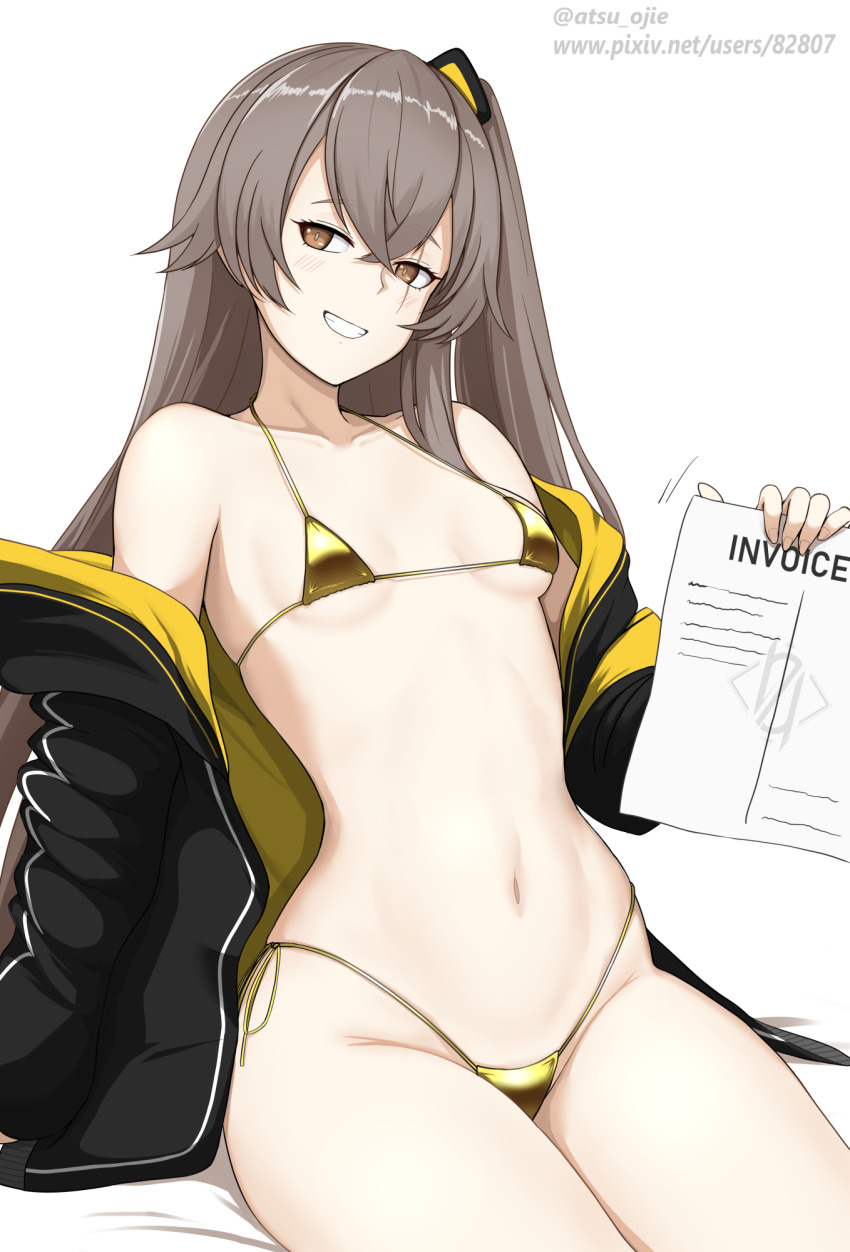 1girl 404_logo_(girls'_frontline) artist_name bikini black_jacket blush breasts brown_eyes brown_hair collarbone commentary_request fingernails girls'_frontline gold_bikini hair_between_eyes highres holding holding_paper jacket long_hair looking_at_viewer micro_bikini navel off_shoulder one_side_up open_clothes open_jacket paper parted_lips pixiv_id revision scar scar_across_eye scar_on_face side-tie_bikini_bottom sitting small_breasts smile solo stomach string_bikini sumi_ojie swimsuit twitter_username ump45_(girls'_frontline)