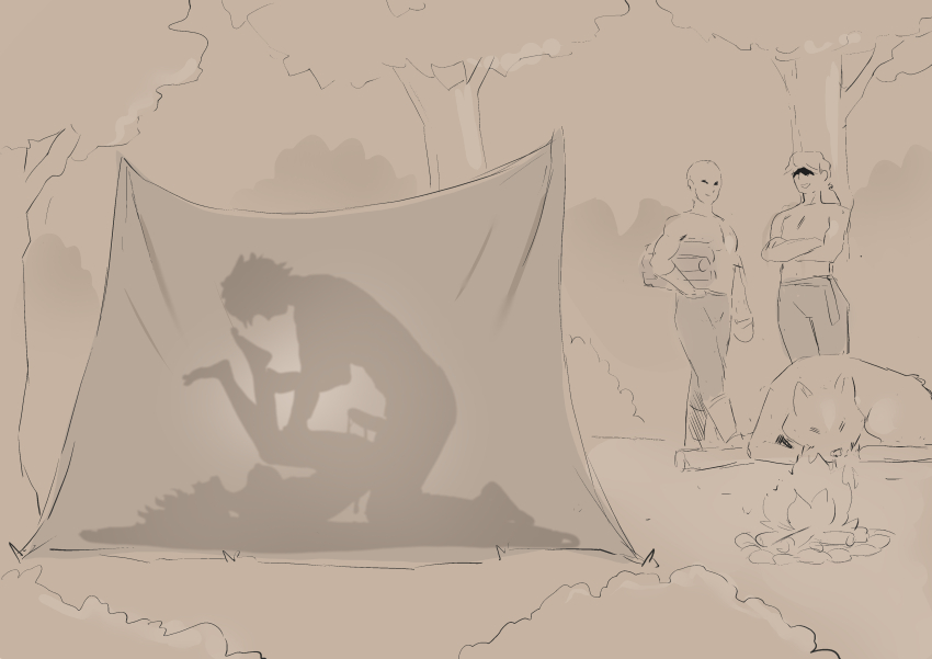 1girl 3boys absurdres aftersex animal barefoot breasts bush cafin commentary cum english_commentary fireplace greyscale hetero highres kneeling large_breasts league_of_legends lying monochrome multiple_boys nipples on_back outdoors penis sex taliyah tent topless_male tree wolf