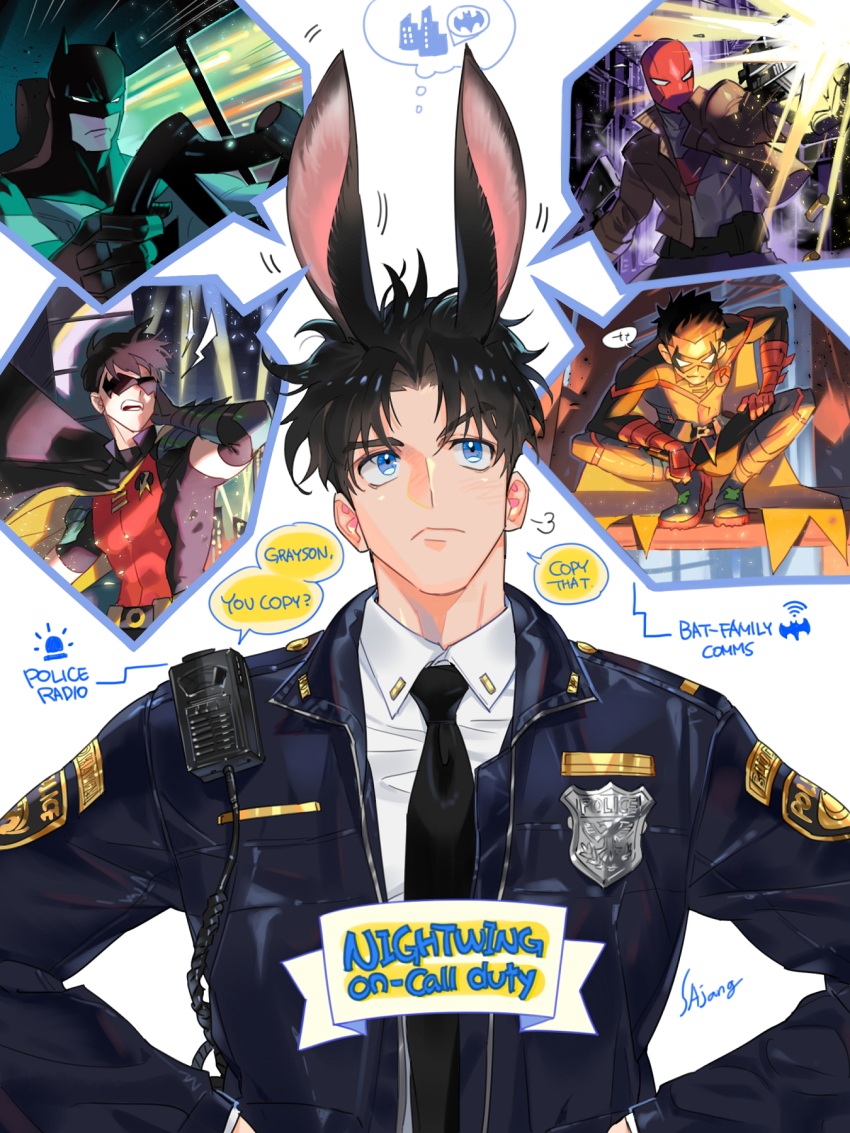 bat_signal batman batman_(series) batman_symbol belt black_bodysuit black_gloves black_hair blue_eyes bodysuit brown_jacket bruce_wayne cowl damian_wayne dc_comics dick_grayson domino_mask eye_mask gloves grey_bodysuit highres jacket jason_todd male_focus mask multicolored_bodysuit multiple_boys muscular muscular_male open_clothes pants red_hood_(dc) red_mask robin_(dc) sajang_bin short_hair superhero_costume taut_bodysuit tim_drake two-tone_bodysuit utility_belt