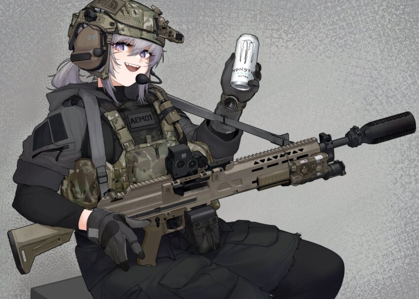 1girl alma01 black_shorts bulletproof_vest can combat_helmet commentary english_commentary gloves grey_hair grey_hoodie gun gun_sling helmet highres holding holding_can hood hoodie kac_lamg light_machine_gun looking_at_viewer machine_gun microphone monster_energy original purple_eyes scar scar_on_face sharp_teeth shorts solo tactical_clothes teeth watch weapon wristwatch