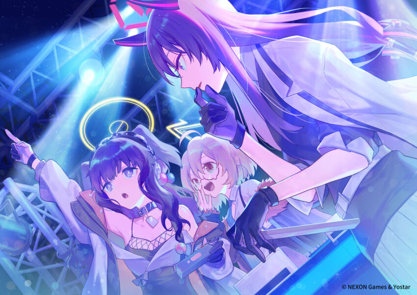3girls animal_ears arm_up bare_shoulders black_gloves black_hair blue_archive brown_hair commentary_request dog_ears dog_girl engineering_department_(blue_archive) glasses gloves halo hand_up hibiki_(blue_archive) kotori_(blue_archive) long_hair long_sleeves multicolored_gloves multiple_girls official_art open_mouth parted_lips purple_gloves purple_hair short_hair stage_lights teeth two-tone_gloves upper_teeth_only utaha_(blue_archive) yamakawa