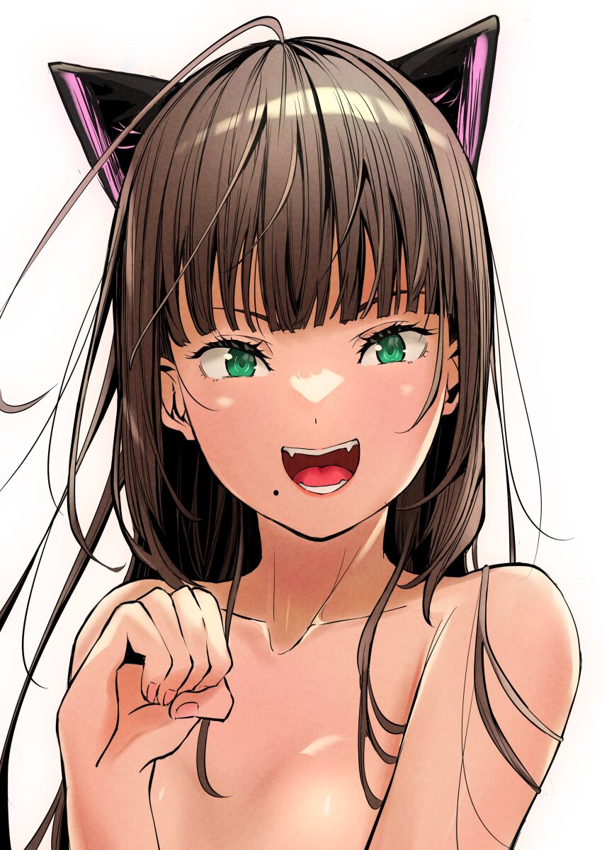 1girl absurdres animal_ears bare_shoulders blunt_bangs breasts brown_hair cat_ears clenched_hand collarbone commentary fangs green_eyes highres hime_cut kurosawa_dia long_hair looking_at_viewer love_live! love_live!_sunshine!! mole mole_under_mouth nude open_mouth paw_pose small_breasts solo tommer upper_body white_background
