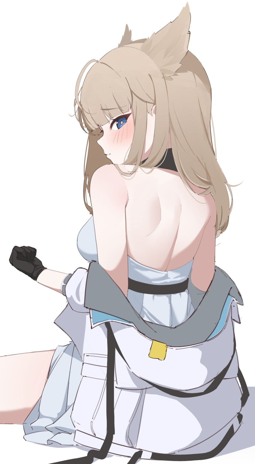 1girl absurdres animal_ears arknights arknights:_endfield back back_focus backless_dress backless_outfit bare_shoulders black_gloves blue_eyes blush breasts brown_hair clothes_down dress from_behind gloves highres jacket long_hair looking_at_viewer looking_back medium_breasts nauvvii off_shoulder perlica_(arknights) simple_background sitting solo white_background white_dress white_jacket