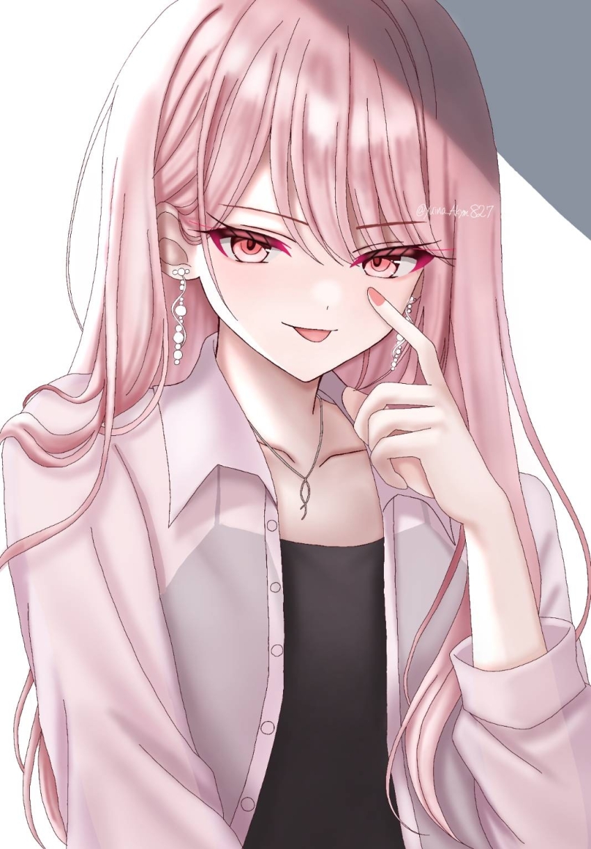 1other :p akanbe akiyama_mizuki akym_love827 black_camisole camisole collarbone commentary earrings eyelid_pull finger_to_cheek hair_down hand_up highres jewelry light_blush looking_at_viewer nail_polish necklace official_alternate_costume official_alternate_hairstyle open_clothes open_shirt other_focus pearl_earrings pink_eyes pink_hair pink_nails pink_shirt project_sekai see-through_clothes see-through_shirt shirt solo tongue tongue_out twitter_username white_background zozotown