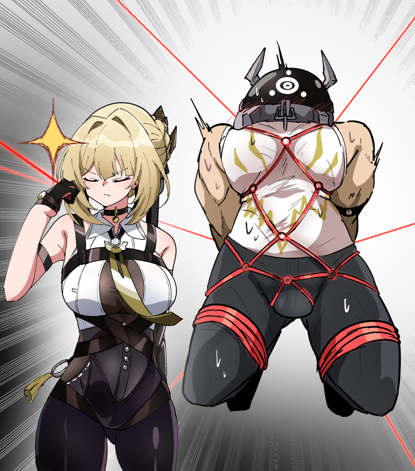 1boy 1girl absurdres arm_strap black_gloves black_necktie black_pants blonde_hair breasts caseee999 closed_eyes closed_mouth collared_shirt commentary_request evelyn_chevalier gloves highres large_breasts leather leather_pants necktie pants ponytail shirt sleeveless sleeveless_shirt string string_of_fate white_shirt zenless_zone_zero