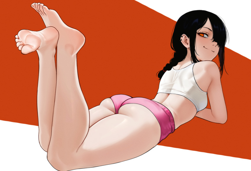 1girl ass bare_shoulders barefoot black_hair braid braided_ponytail breasts chainsaw_man closed_mouth ear_piercing feet feet_up from_behind full_body hair_over_one_eye highres loli long_hair looking_at_viewer looking_back lying nayuta_(chainsaw_man) on_stomach orange_background orange_eyes piercing pink_shorts shaardy short_shorts shorts small_breasts smile soles solo sports_bra the_pose toes two-tone_background white_background white_sports_bra