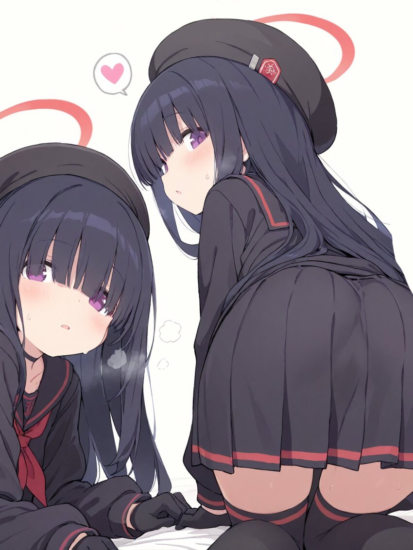 2girls all_fours beret black_gloves black_hair black_sailor_collar black_shirt black_skirt black_thighhighs blue_archive blush breath covered_pussy efbell gloves halo hat highres justice_task_force_member_(blue_archive) multiple_girls open_mouth pleated_skirt purple_eyes red_halo red_serafuku sailor_collar school_uniform serafuku shirt skirt sweatdrop thighhighs thighs white_background