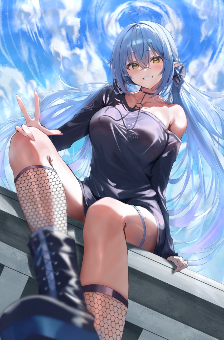 1girl ahoge black_choker black_shirt blue_hair blush breasts choker cloud cloudy_sky collarbone commentary_request elf fingernails fishnet_socks fishnets gradient_hair hair_between_eyes hair_ornament heart heart_ahoge highres hololive large_breasts long_hair long_sleeves looking_at_viewer menmen_(menmen13s) multicolored_hair nail_polish open_mouth pink_hair pink_nails pointy_ears shirt single_off_shoulder sky smile socks solo teeth thigh_strap virtual_youtuber yellow_eyes yukihana_lamy