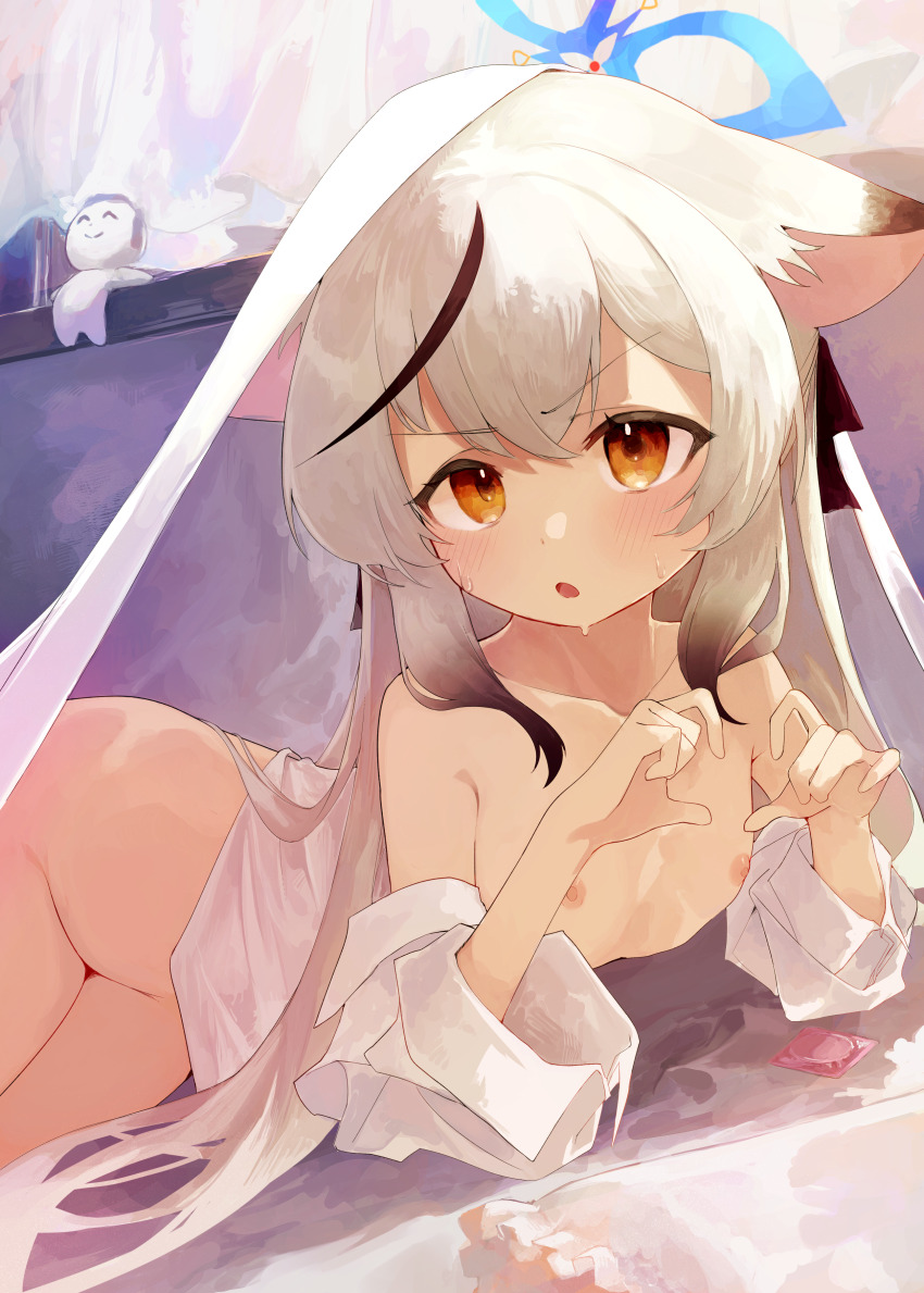 1girl absurdres animal_ears black_hair blue_archive blue_halo commentary_request condom condom_wrapper doodle_sensei_(blue_archive) flat_chest grey_hair halo highres kokona_(blue_archive) loli long_hair multicolored_hair nipples sensei_(blue_archive) shimeji_take solo streaked_hair tiger_ears tiger_girl