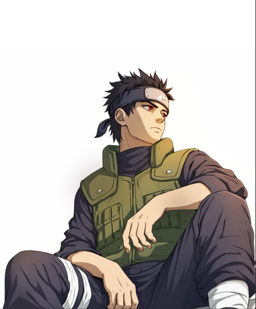 1boy arm_on_own_leg black_hair black_pants commentary_request dog_ssit flak_jacket forehead_protector high_collar highres jacket konohagakure_symbol korean_commentary male_focus naruto_(series) naruto_shippuuden ninja pants red_eyes short_hair simple_background sitting solo uchiha_shisui white_background