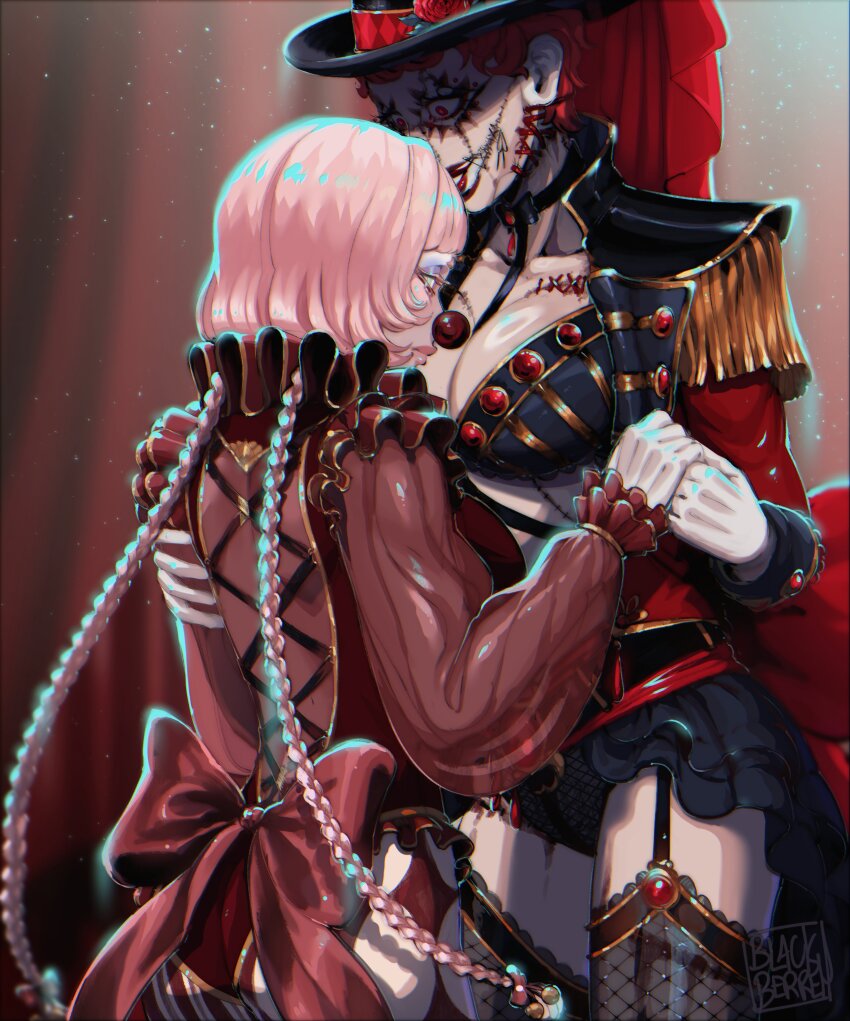 2girls absurdres ass beaded_eyelashes blackberreh-art blood bow braid breasts choker clown clown_nose commentary dancing design_speculation english_commentary epaulettes ero_guro eyelashes grin guro hat highres leotard lips long_hair low_twin_braids makeup mask monster_girl multiple_girls neck_ruff nikola_orsinov original pink_hair poppet_(blackberreh-art) red_hair red_lips short_hair smile stitched_chest stitched_face stitches the_magnus_archives twin_braids very_long_hair very_short_hair yuri