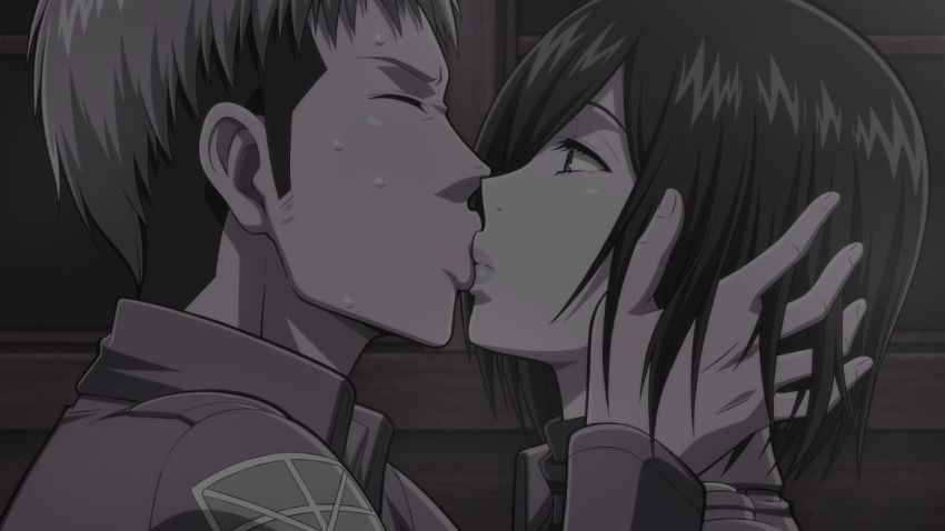 1boy 1girl black_hair closed_eyes from_side hand_in_another's_hair jean_kirstein kiss mikasa_ackerman shingeki_no_kyojin sweat tagme takapiko training_corps_(emblem)