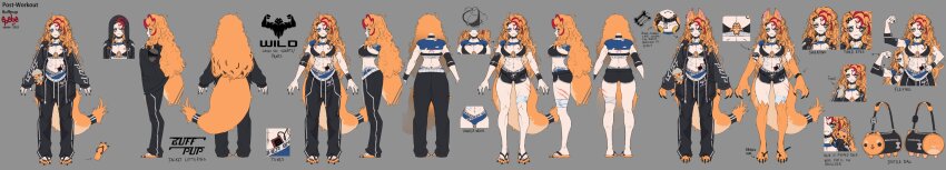 1girl absurdres animal_ears black_bra black_jacket black_nails black_pants black_shorts blue_eyes bra breasts buffpup_(vtuber) buffpup_(workout)_(vtuber) cleavage commentary curly_hair english_commentary epebe flexing highres jacket large_breasts long_hair long_image looking_at_viewer multicolored_hair nail_polish official_alternate_costume official_alternate_hairstyle official_art orange_hair pants ponytail red_streaks shorts streaked_hair tail underwear vchiban very_long_hair virtual_youtuber wide_image wolf_ears wolf_girl wolf_paws wolf_tail