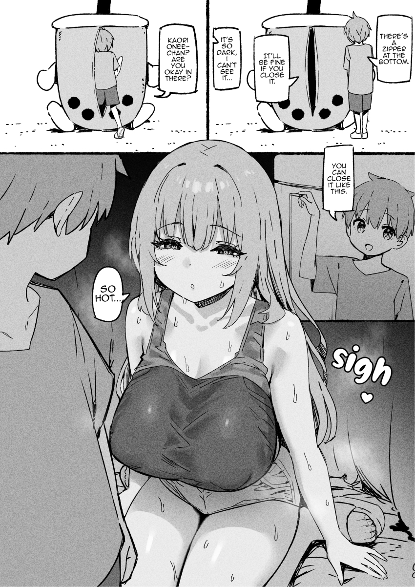 1boy 1girl absurdres age_difference breasts cleavage highres huge_breasts large_breasts shota sky-freedom