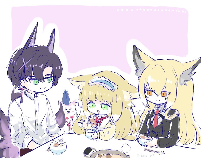 1boy 2girls animal_ears arknights blonde_hair commentary_request dango_(da_yo05) fox_ears fox_girl fox_tail green_eyes kitsune multiple_girls orange_eyes shirt suzuran's_father_(arknights) suzuran_(arknights) suzuran_(spring_praise)_(arknights) tail vulpisfoglia_(arknights) white_shirt