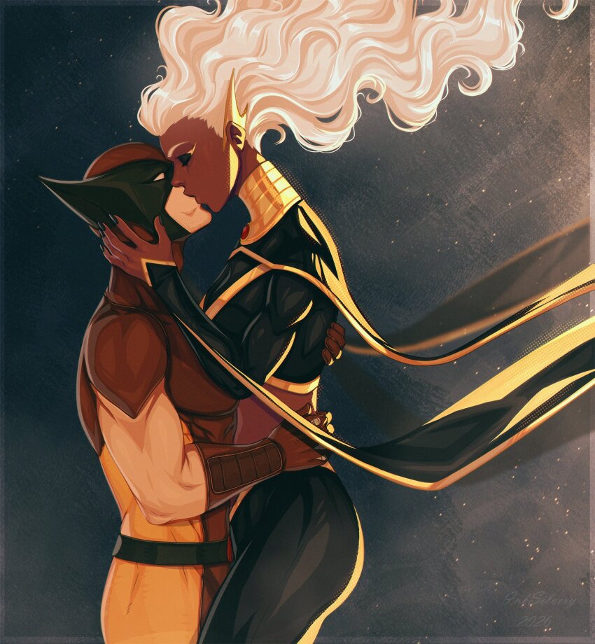 1boy 1girl commission couple dark-skinned_female dark_skin highres inksilvery kiss long_hair marvel muscular muscular_male size_difference storm_(x-men) superhero_costume tall_female white_hair wolverine_(x-men) x-men