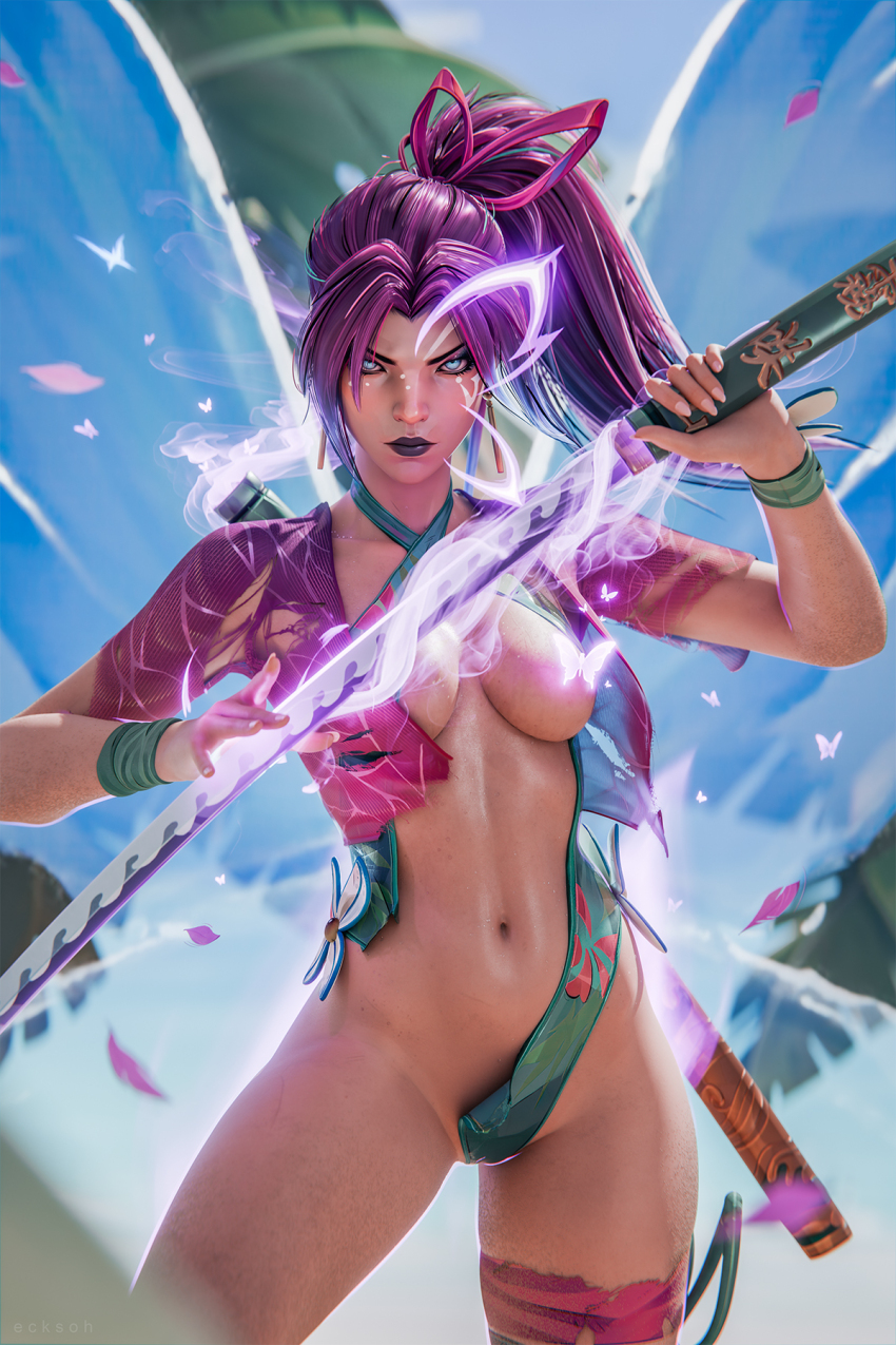 1girl 3d aura black_lips blue_eyes bow breasts bug butterfly butterfly_wings cameltoe convenient_censoring ecksoh glowing glowing_butterfly glowing_sword glowing_weapon glowing_wings hair_bow highres holding holding_sword holding_weapon insect insect_wings katana looking_at_viewer marvel marvel_rivals navel official_alternate_costume ponytail psylocke psylocke_(breezy_butterfly) purple_hair scabbard sheath solo stomach swimsuit sword thigh_gap torn_clothes torn_swimsuit weapon wings x-men