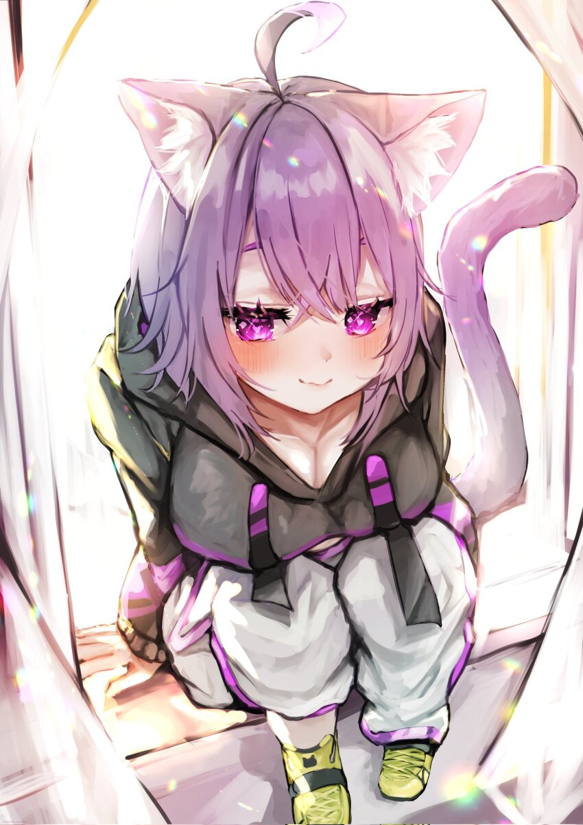 1girl animal_ears black_hoodie blush breasts cat_ears cat_girl cat_tail cleavage closed_mouth commentary_request highres hololive hood hoodie large_breasts nekomata_okayu nekomata_okayu_(1st_costume) pants purple_eyes purple_hair purple_tail short_hair sitting smile solo tail virtual_youtuber white_pants yuzuno_wagiri