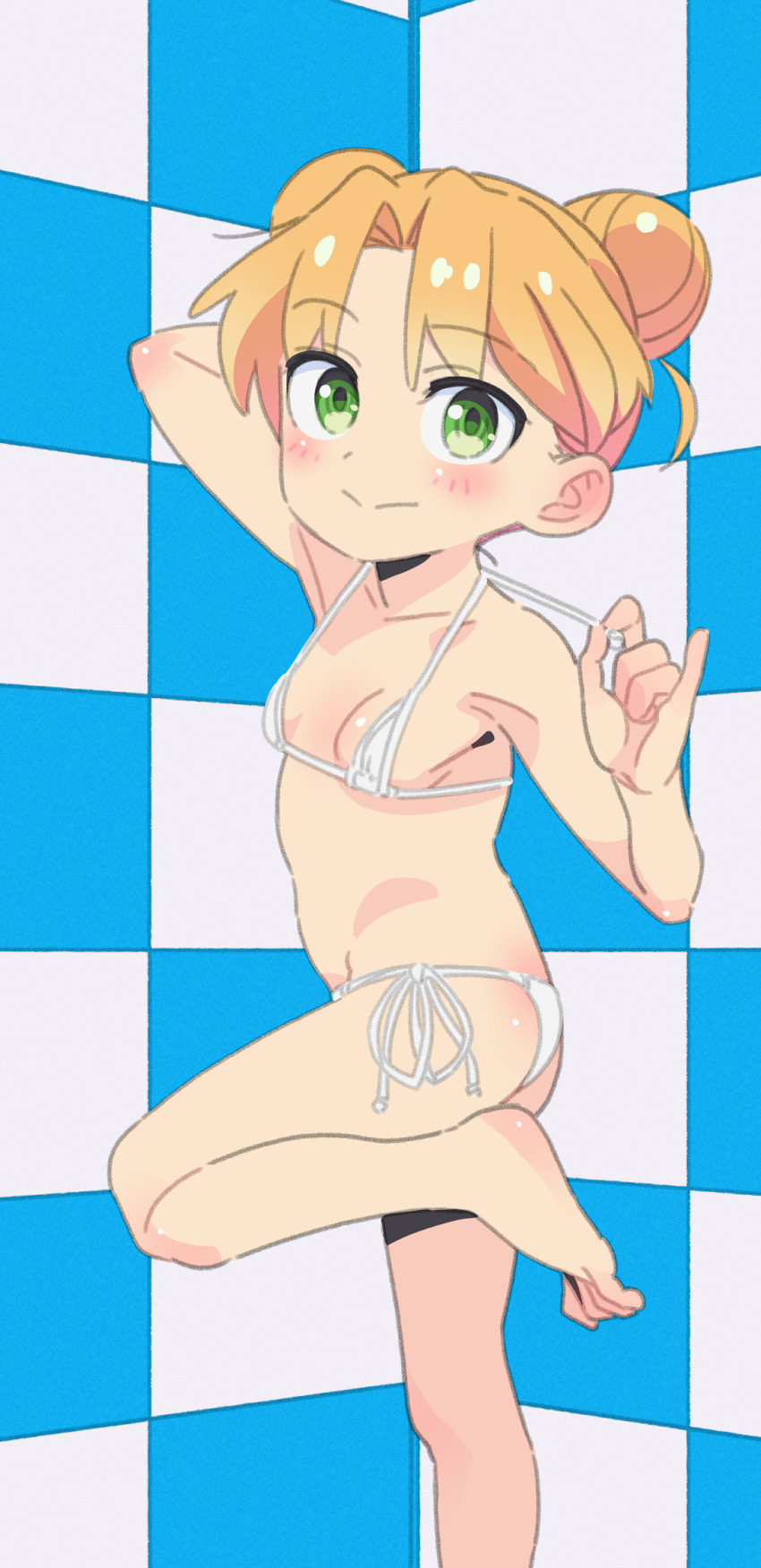 1girl arm_behind_head arm_up ass barefoot bikini blonde_hair blush breasts checkered_background closed_mouth double_bun foot_out_of_frame green_eyes hair_bun highres leg_up loli looking_at_viewer micro_bikini navel parted_bangs ruri_no_houseki saeki_tatsuya short_hair side-tie_bikini_bottom small_breasts smile solo standing standing_on_one_leg strap_pull swimsuit tanigawa_ruri toes white_bikini