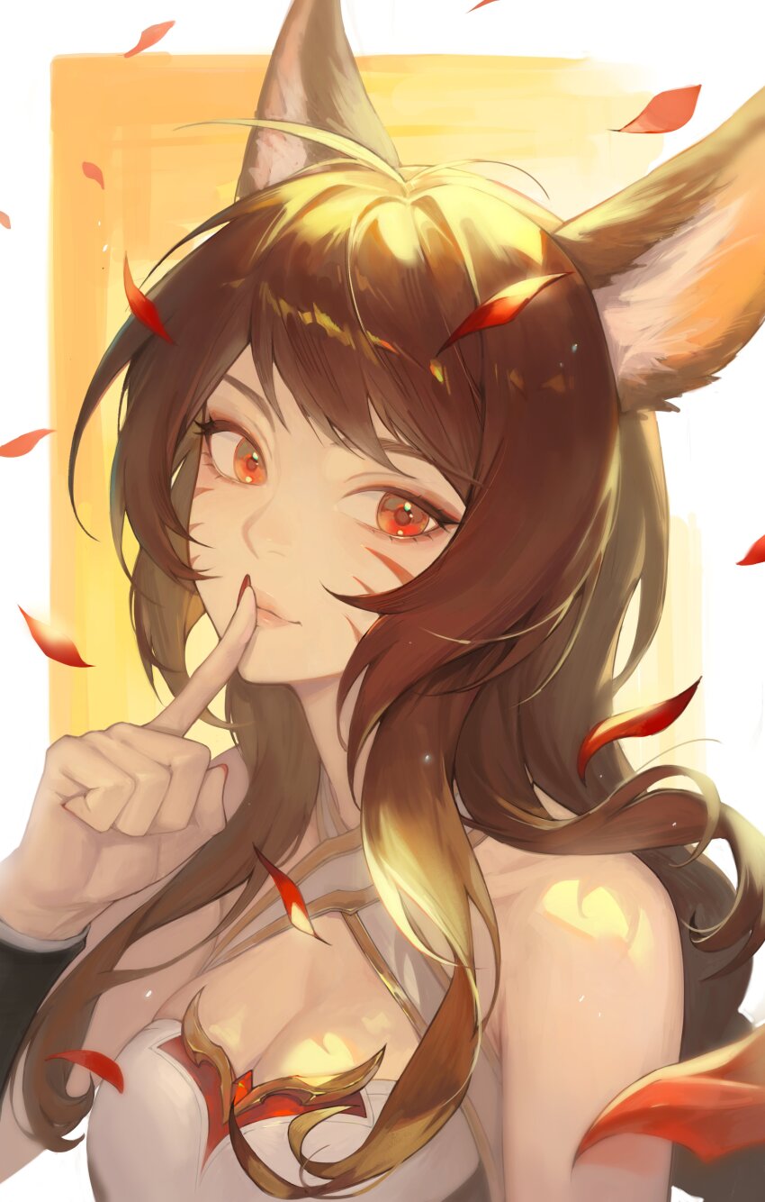 1girl absurdres ahri_(league_of_legends) animal_ears bare_shoulders border breasts brown_hair cleavage closed_mouth commentary dress facial_hair facial_mark falling_petals finger_to_mouth fox_ears fox_girl gold_trim highres league_of_legends lips long_hair looking_at_viewer official_alternate_costume official_alternate_eye_color official_alternate_hair_color outside_border petals portrait potatohell red_eyes red_petals risen_legend_ahri shushing solo whisker_markings white_border white_dress yellow_background