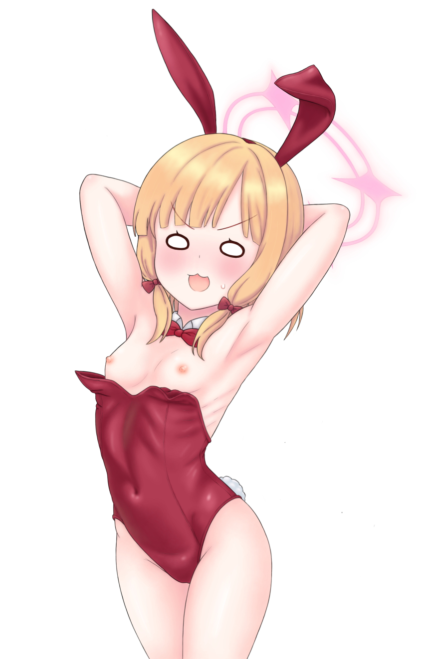 1girl :3 absurdres animal_ears armpits arms_behind_head blonde_hair blue_archive blush breast_slip breasts fake_animal_ears female_focus hair_ribbon halo highres legs leotard loli long_hair momoi_(blue_archive) nipples playboy_bunny rabbit_ears ribbon simple_background small_breasts solo standing surprised thighs wardrobe_malfunction white_background yozora_takayama
