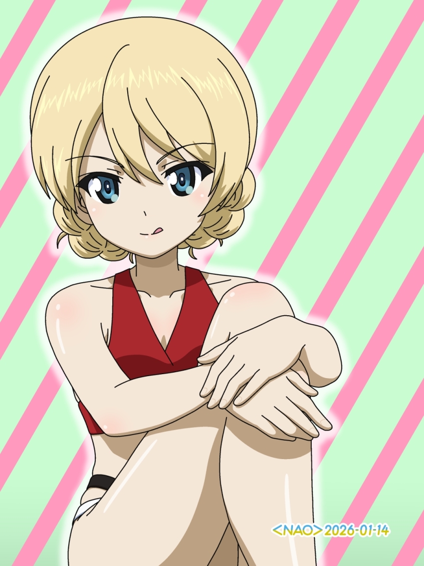 1girl bikini blonde_hair blue_eyes blush braid closed_mouth commentary_request darjeeling_(girls_und_panzer) dated girls_und_panzer highres looking_at_viewer naotosi signature simple_background smile solo swimsuit tongue tongue_out