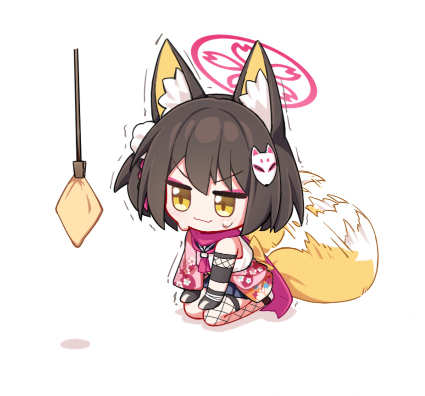 >:) 1girl :3 animal_ear_fluff animal_ears asymmetrical_legwear black_gloves blue_archive blue_sailor_collar blue_skirt blush brown_hair cherry_blossom_print chibi chibi_only closed_mouth colored_inner_animal_ears commentary eyeshadow fang fishnet_thighhighs fishnets floral_print floral_print_kimono fox_ears fox_girl fox_hair_ornament fox_tail full_body gloves hair_between_eyes hair_ornament halo hands_on_own_knees highres izuna_(blue_archive) japanese_clothes jitome kimono looking_at_object makeup medium_hair miniskirt mismatched_legwear neckerchief needle_(574187457) partially_fingerless_gloves pink_eyeshadow pink_halo pink_kimono pink_neckerchief pink_scarf pleated_skirt pom_pom_(clothes) pom_pom_hair_ornament print_kimono sailor_collar scarf school_uniform seiza serafuku shirt sidelocks simple_background single_thighhigh sitting skin_fang skirt sleeveless sleeveless_shirt smile solo sweatdrop tail tail_wagging tassel tassel_hair_ornament thighhighs trembling v-shaped_eyebrows white_background white_shirt yellow_eyes