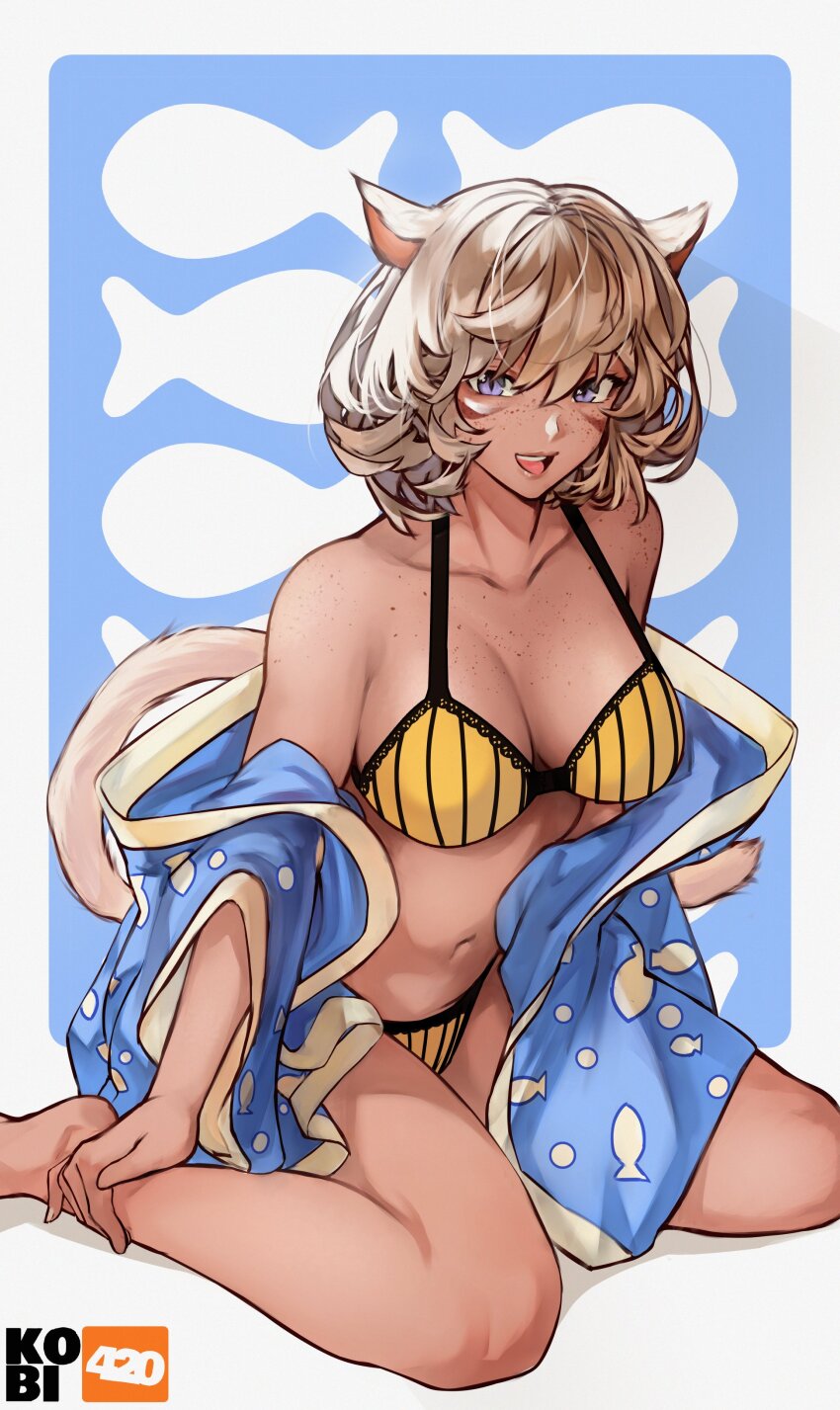 1girl absurdres animal_ears artist_logo artist_name bare_shoulders bikini blonde_hair blue_background blue_pajamas body_freckles border breasts cat_ears cat_girl cat_tail cleavage collarbone commentary commission dark-skinned_female dark_skin english_commentary final_fantasy final_fantasy_xiv fish_background foot_out_of_frame freckles hair_between_eyes highres kobi420 large_breasts lips logo looking_at_viewer medium_hair miqo'te navel open_mouth open_pajamas original pajamas purple_eyes shadow sitting slit_pupils solo swimsuit tail teeth upper_teeth_only wariza warrior_of_light_(ff14) white_border yellow_bikini yellow_tail