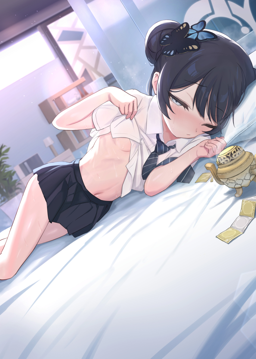 1girl bed black_hair black_necktie black_skirt blue_archive breasts butterfly_hair_ornament clothes_lift condom condom_wrapper dmkmoon double_bun grey_eyes grey_halo hair_bun hair_ornament halo highres indoors kisaki_(blue_archive) kisaki_(school_uniform)_(blue_archive) lifting_own_clothes loli long_hair looking_at_viewer lying navel necktie on_bed on_side one_eye_closed shirt shirt_lift short_sleeves skirt small_breasts solo striped_necktie sweat white_shirt